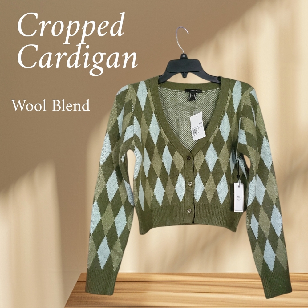 Forever 21 Green and Pale Blue V-Neck  Cropped Argyle Sweater - Picture 2 of 2